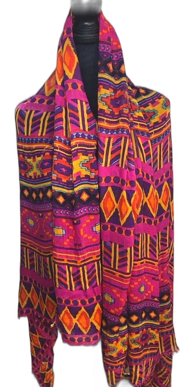 Vintage Boho Tribal Print Wrap Scarf Large Oversized Pashmina Shawl Pink Purple
